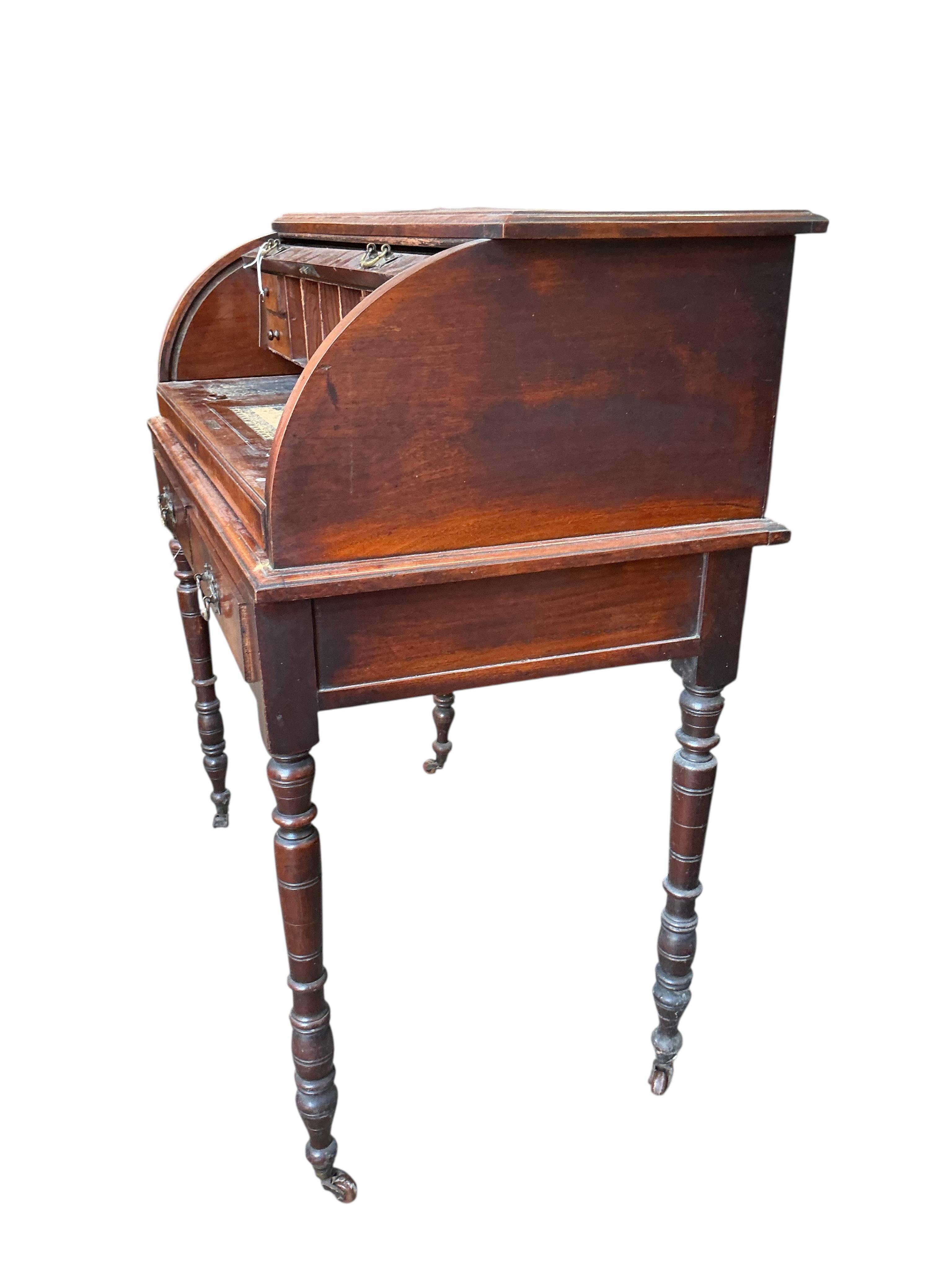A late Victorian mahogany cylinder bureau, lacking superstructure, width 91cm, depth 52cm, height 102cm